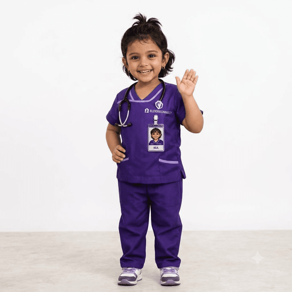 A smiling ElderKonnect care companion waving hello
